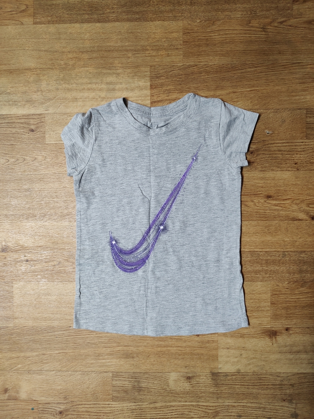 Nike Kids Light Gray Short Sleeve Tee with Purple Swoosh